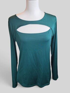Edgely Forest Green Long Sleeve Cutout Neckline Top Size Large